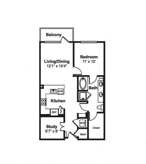 Floor plan for 1 bed, 1 bath, 861 sqft